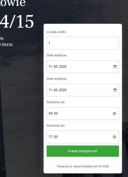 Widget rezerwacyjny: liczba osób, daty, godziny i przycisk Pokaż dostępność.